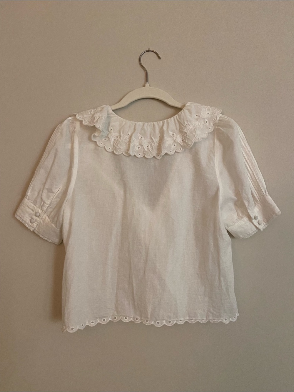 White Eyelet Ruffle Collar Blouse - Feminine Short Sleeve Top - Picture 3 of 13